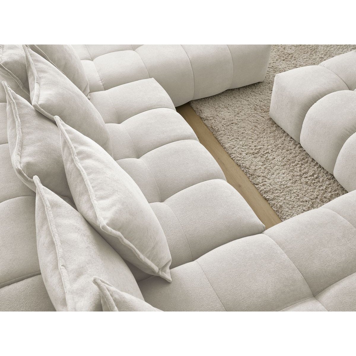 Canapé panoramique convertible 7 places en tissu texturé avec pouf, EVEREST blanc, BOBOCHIC