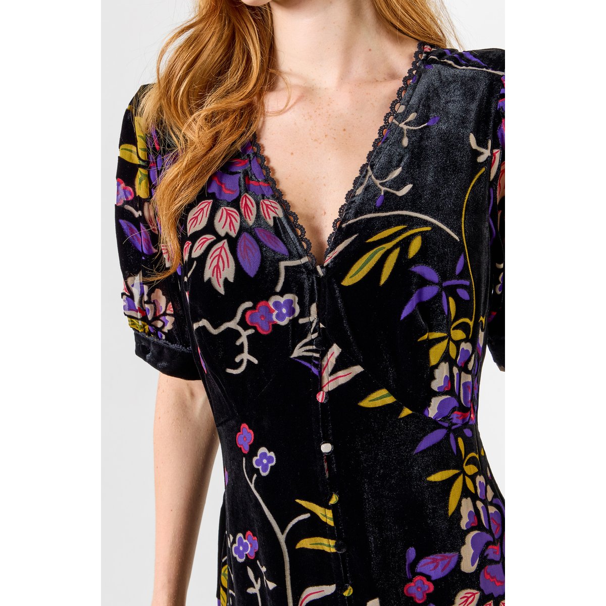 Ravissante Robe Boutonnée en Velours Dévoré noir, JOE BROWNS