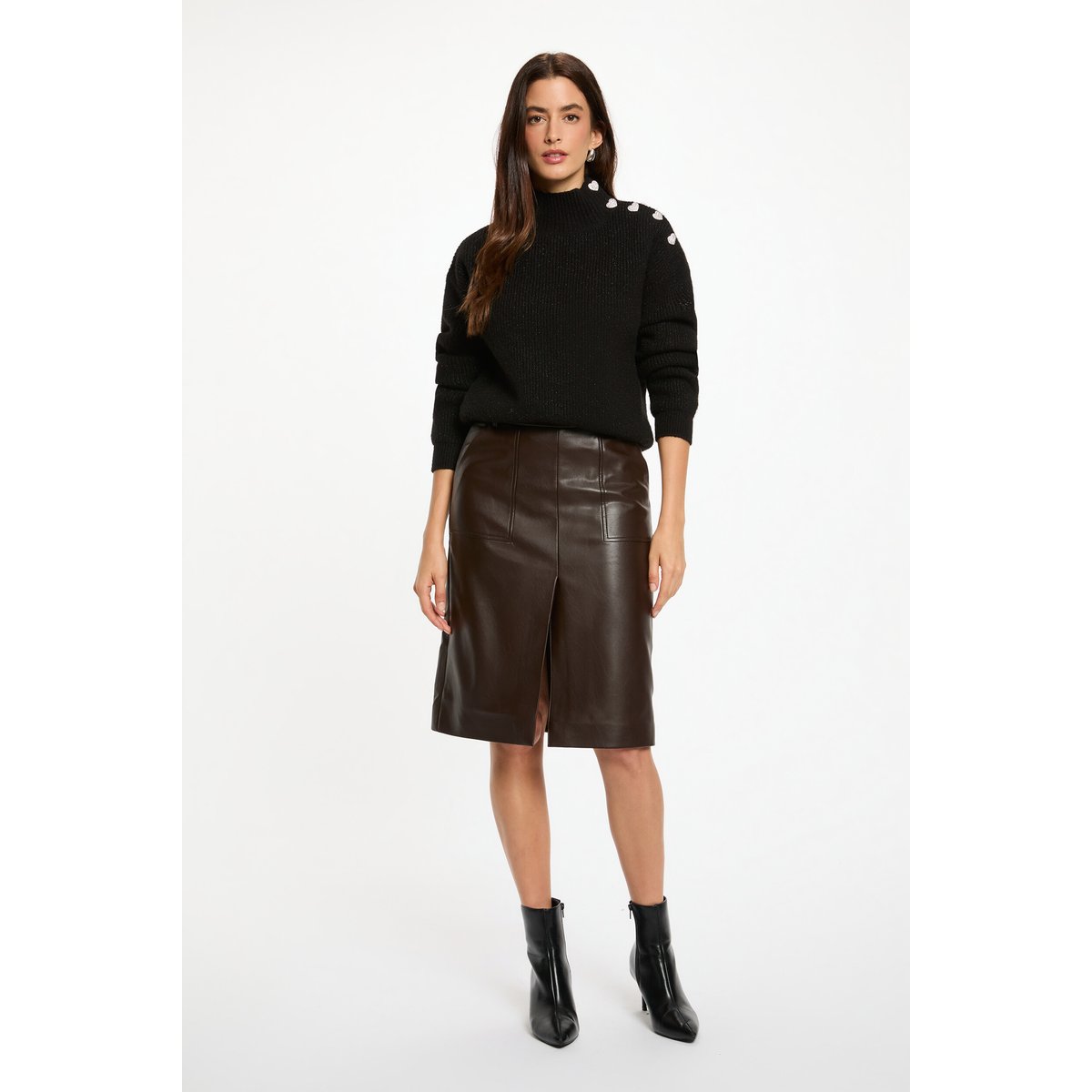 Jupe ajustée simili cuir marron foncé, MORGAN
