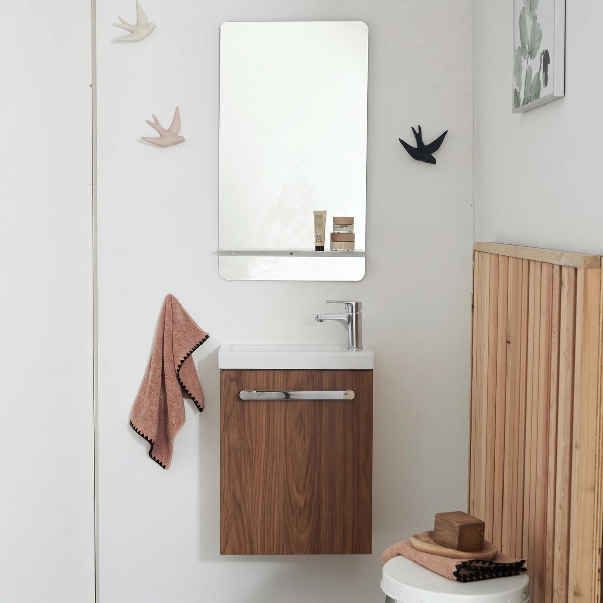 Ensemble lave-mains suspendu avec robinet et miroir NEVADA décor noyer, MOB IN