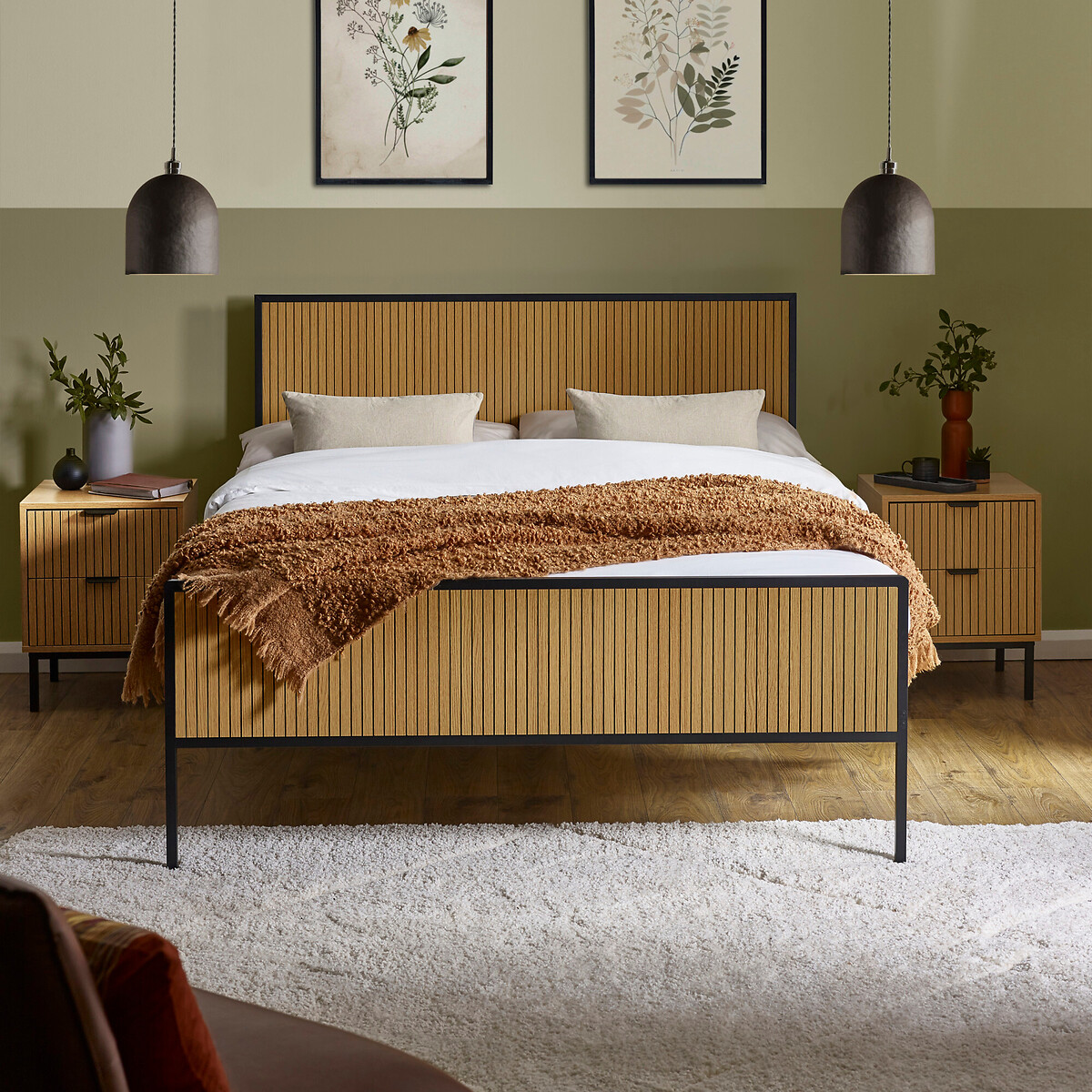 Sira Wood & Steel Bed with Vertical Lines Headboard natural oak, SO'HOME
