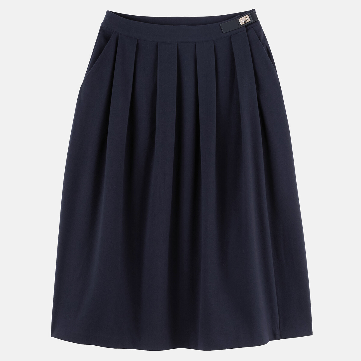 Jupe midi évasée, à plis, effet flanelle bleu marine, ANNE WEYBURN