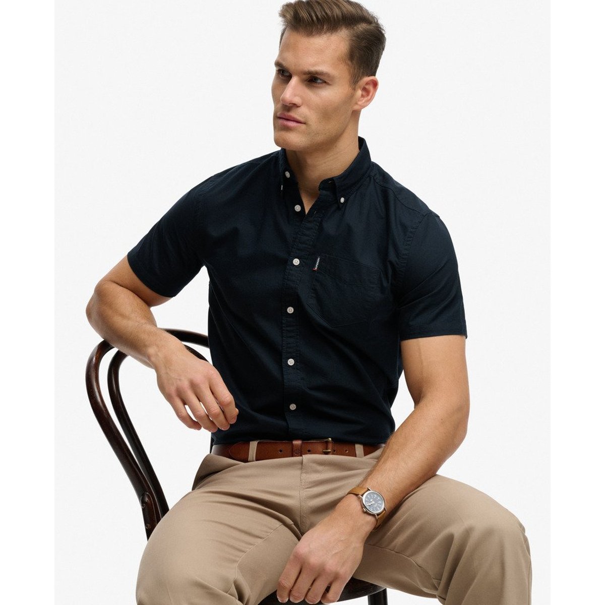 Chemise Oxford Manches Courtes Essentials bleu marine éclipse, SUPERDRY