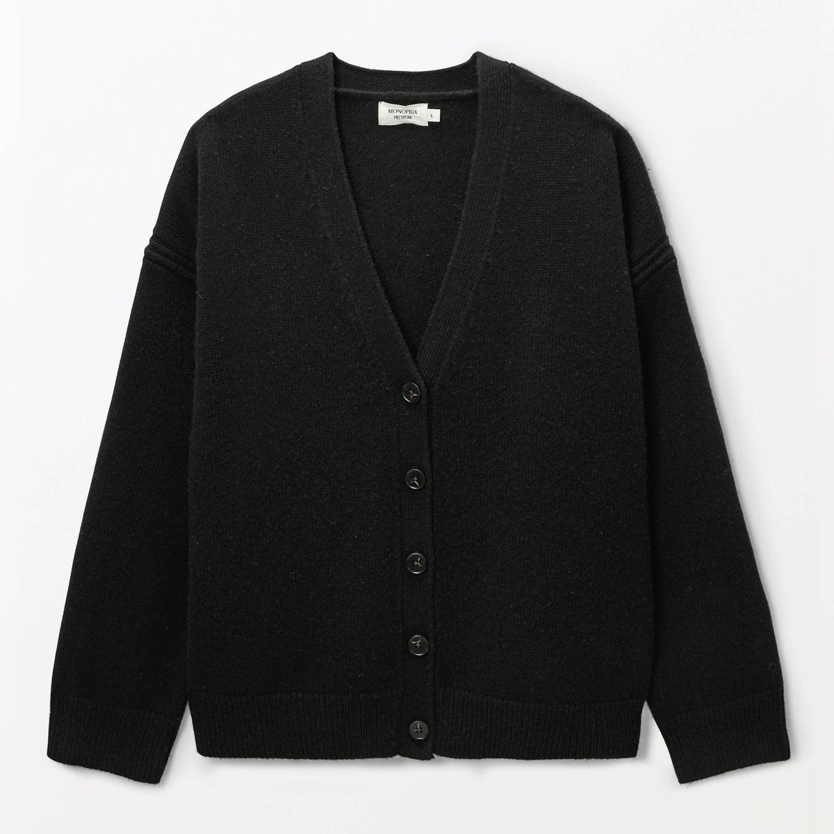 Cardigan boutonné manches longues en laine noir, MONOPRIX