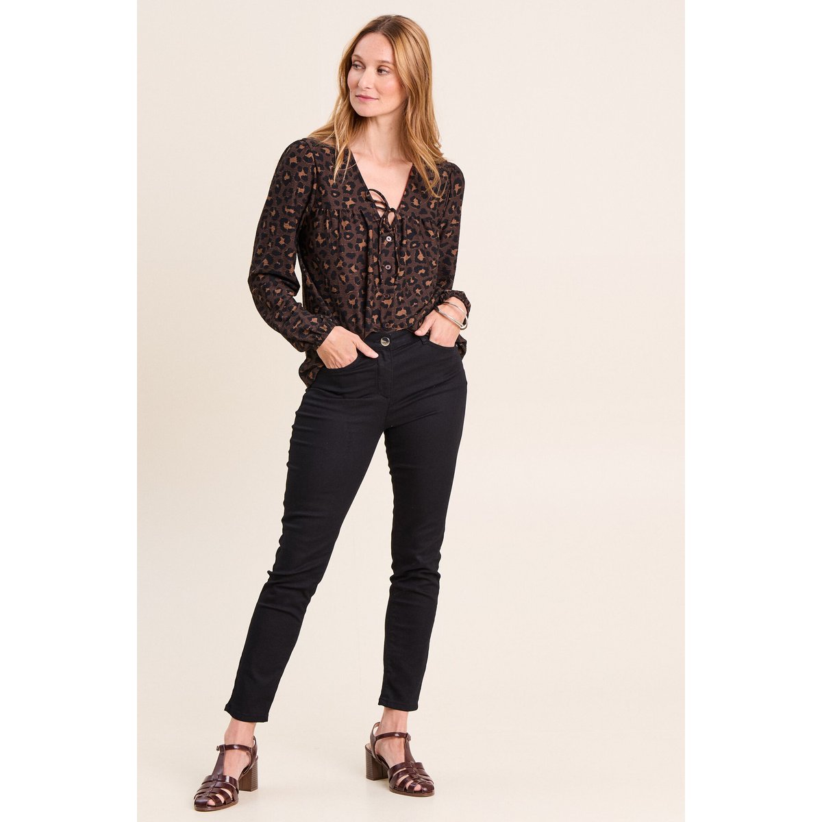 Blouse col v manches longues marron, BREAL
