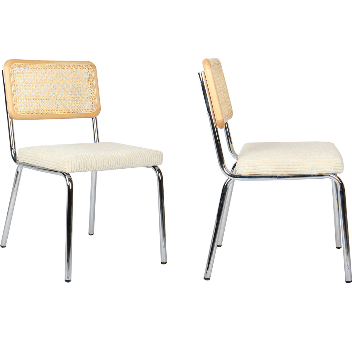 Lot de 2 chaises chromées, cannage et velours côtelé - PAULA beige, HOMIFAB