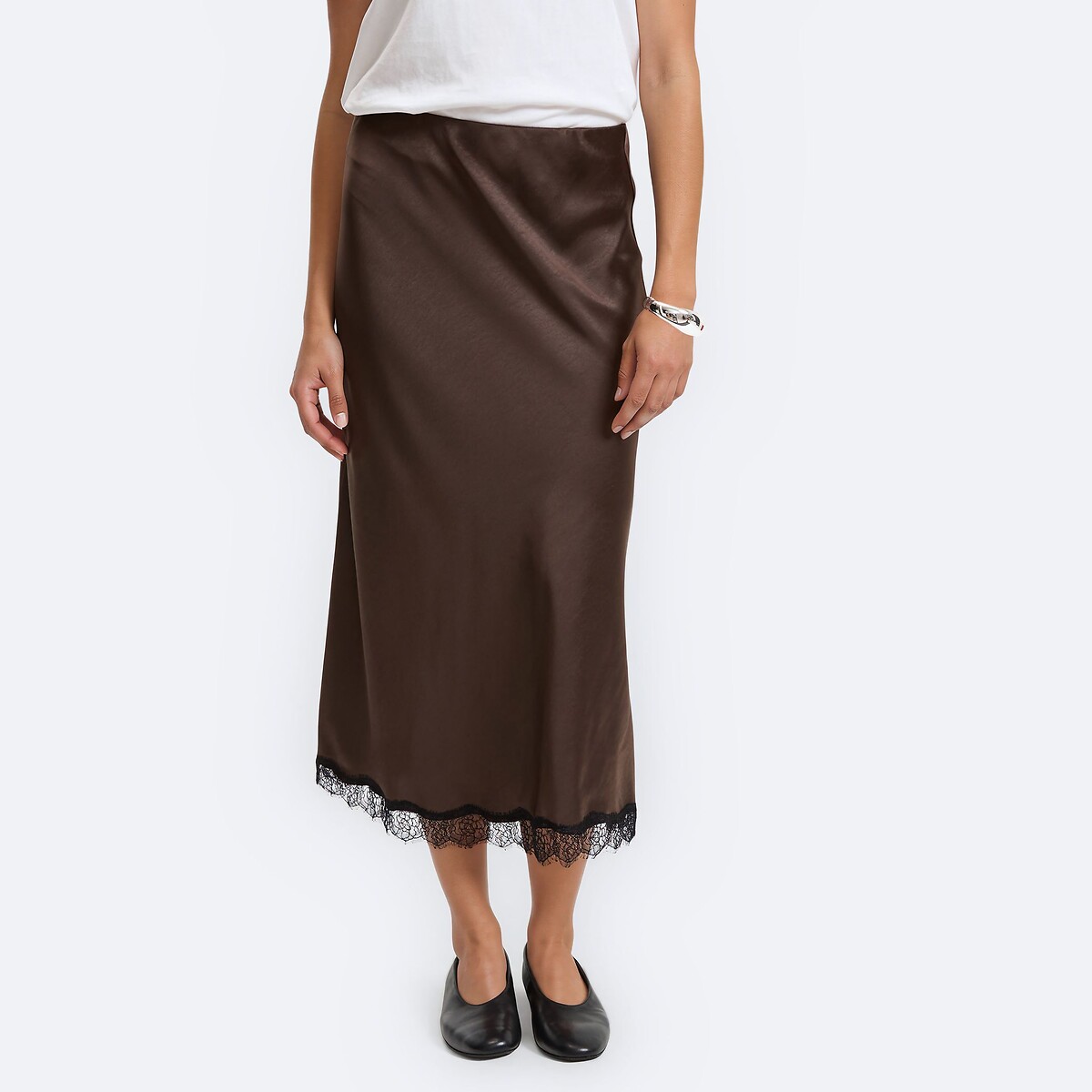 Satin/Lace Elasticated Waist Maxi Skirt brown, LA REDOUTE COLLECTIONS