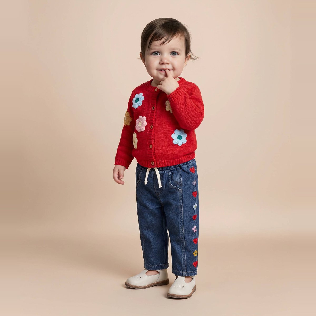 Jean taille élastique brodé en coton denim, BOUT'CHOU