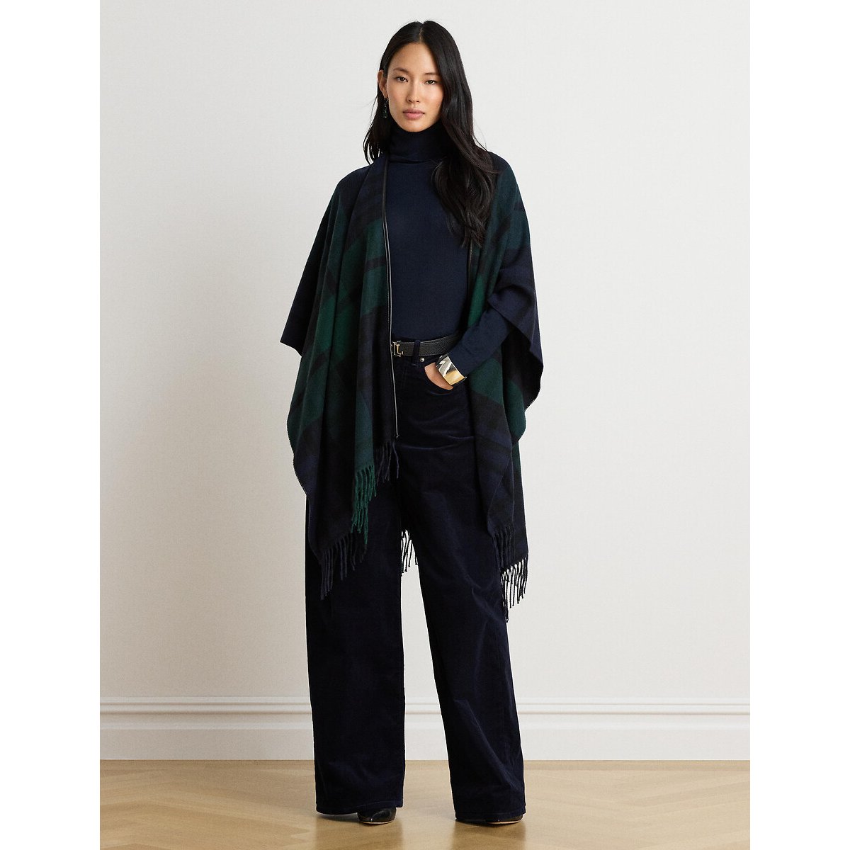 Poncho frangé, à carreaux marine/vert, LAUREN RALPH LAUREN