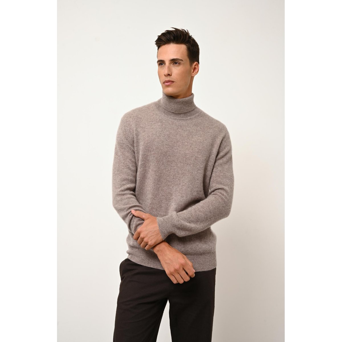 Pull Col Roulé Caribou Chiné Connor marron clair, JUST CASHMERE