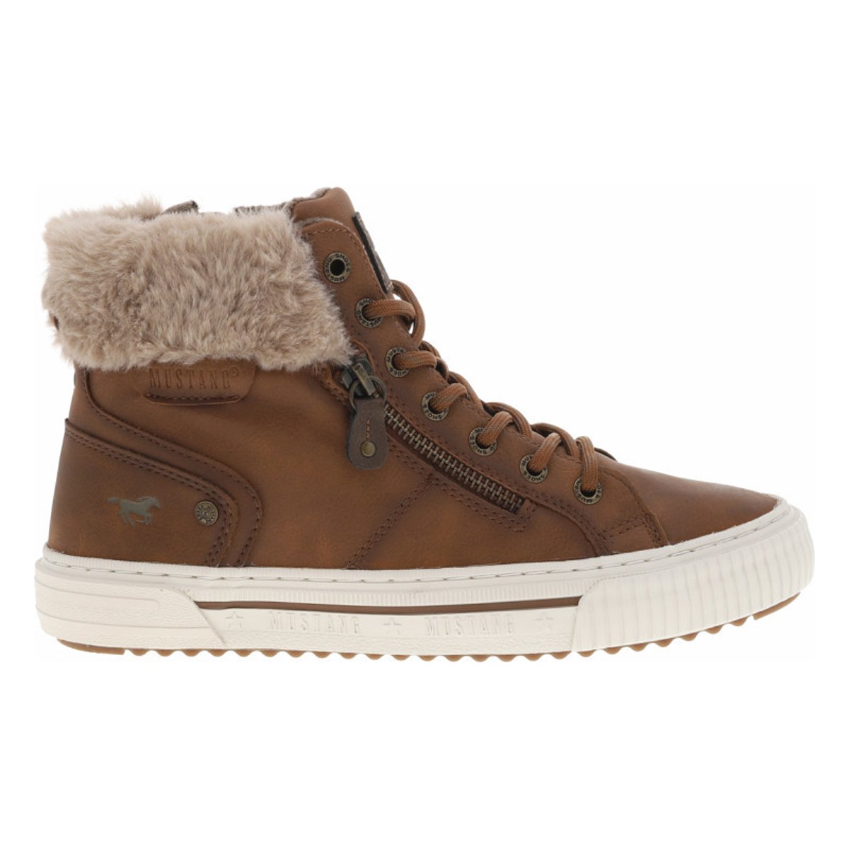 Tennis cognac à talon plat avec un zip latéral et des lacets ronds cognac, MUSTANG