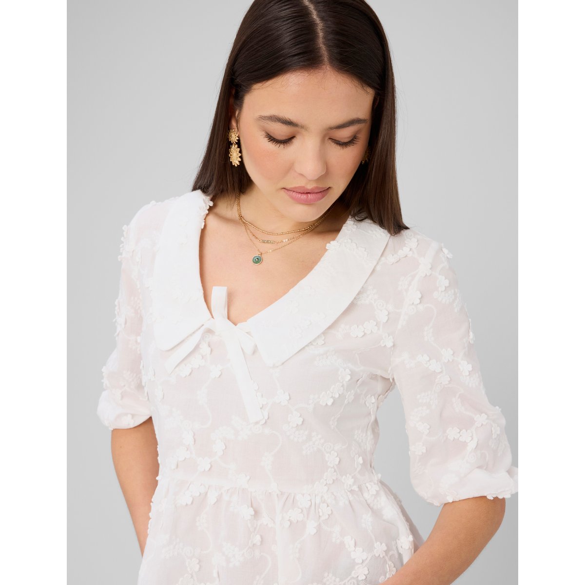 Blouse à nouer en broderies 3d blanc écru, BZB