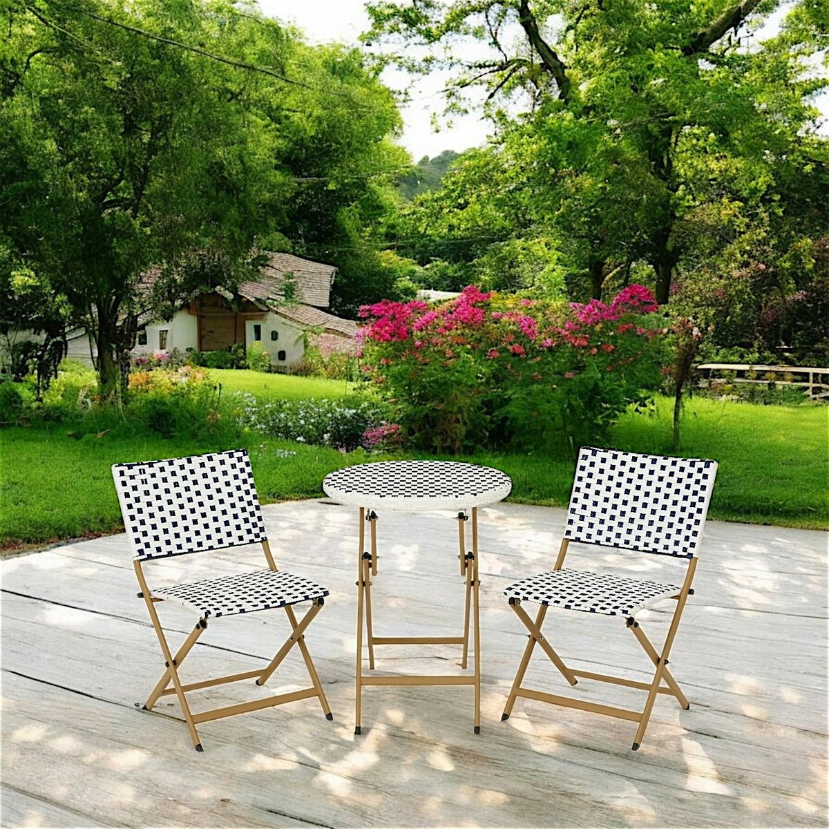 Salon de jardin table ronde + 2 chaises résine blanche tressée motifs bleus BISTROT bleu, PIER IMPORT