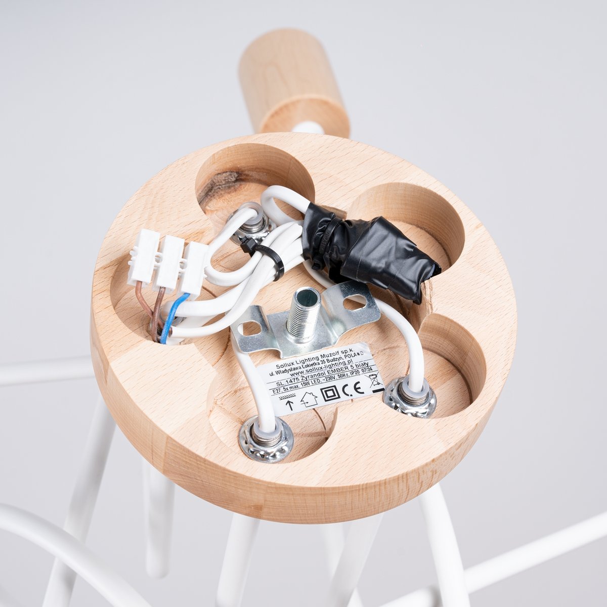 Lustre Acier Blanc/Bois Naturel E27 5 Ember blanc, EDEN