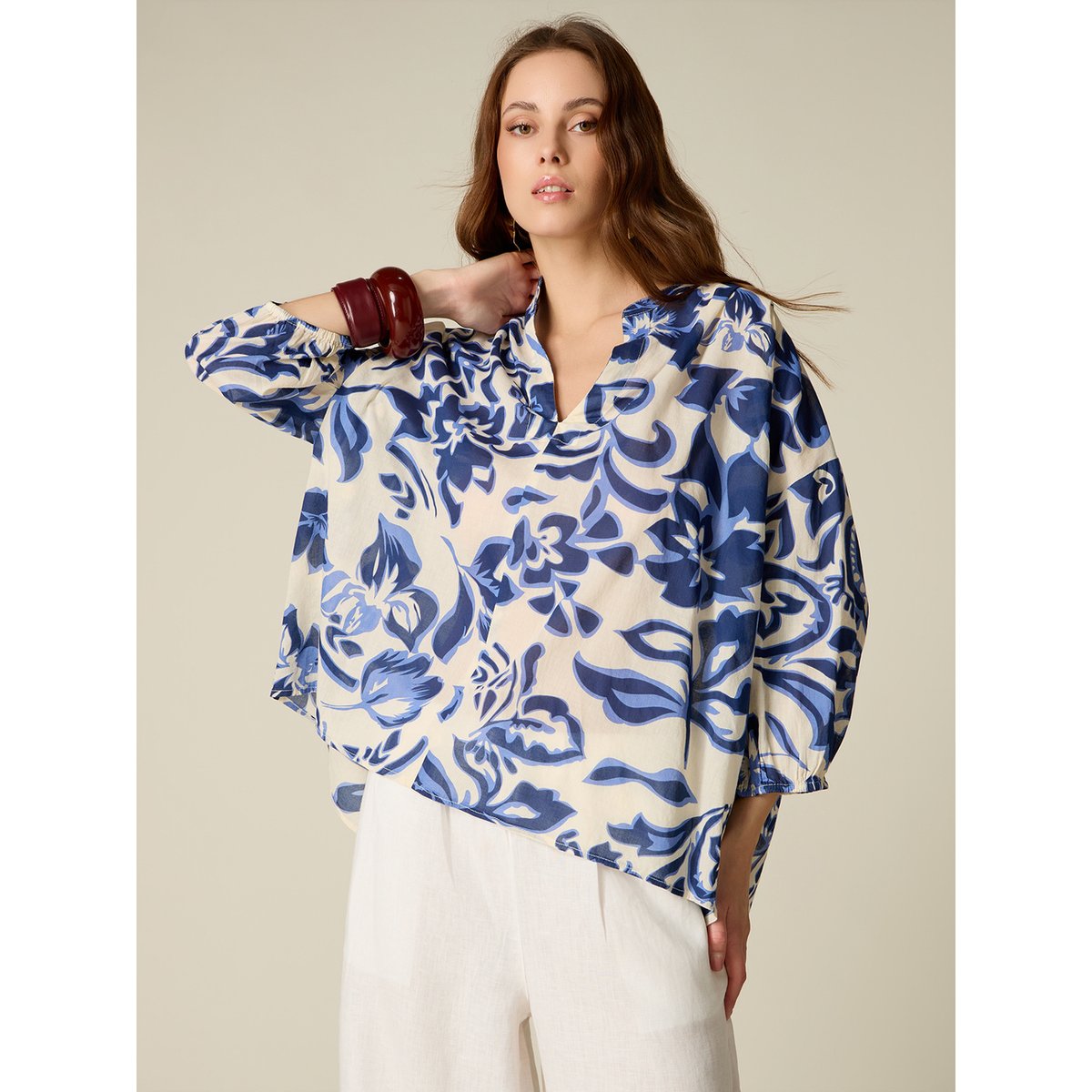 Blouse en coton à motifs bleu, OLTRE