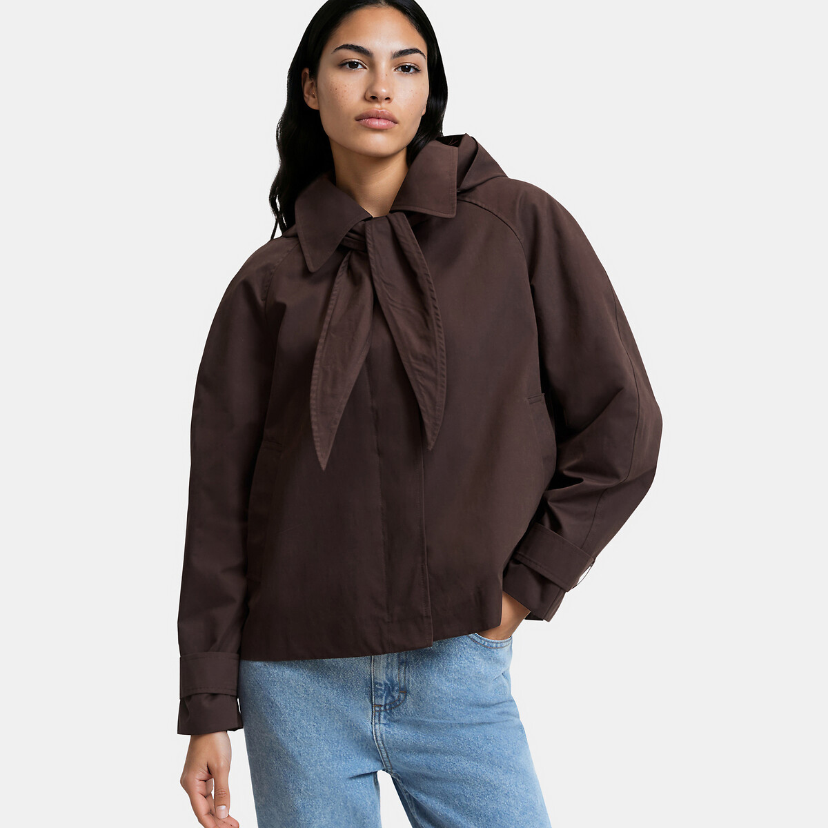 Trench corto con capucha y pañuelo desmontable chocolate, LA REDOUTE COLLECTIONS