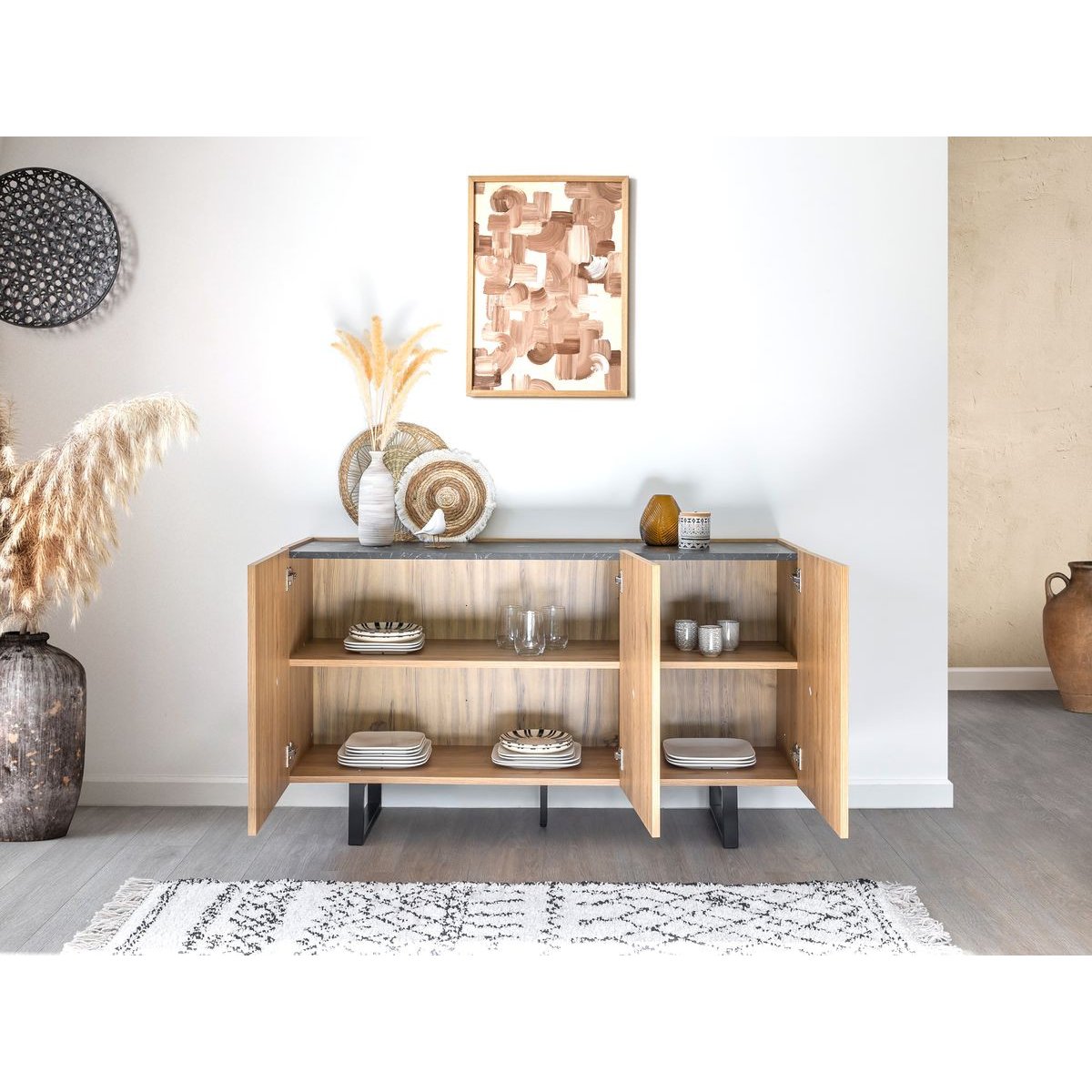 Buffet bas en panneaux de particules 3 portes 140 cm, OPERA marron clair, BOBOCHIC