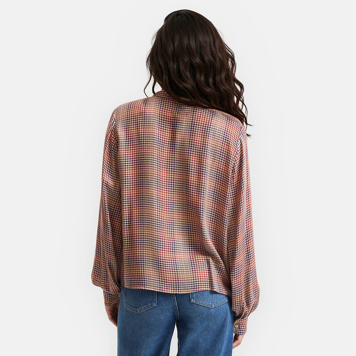 Chemise col rond, à carreaux et volants, manches longues carreaux, LA REDOUTE COLLECTIONS