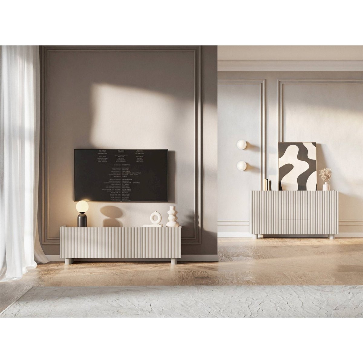 Commode bois à façades rainurées FIORRA beige cachemire, RECOLLECTION