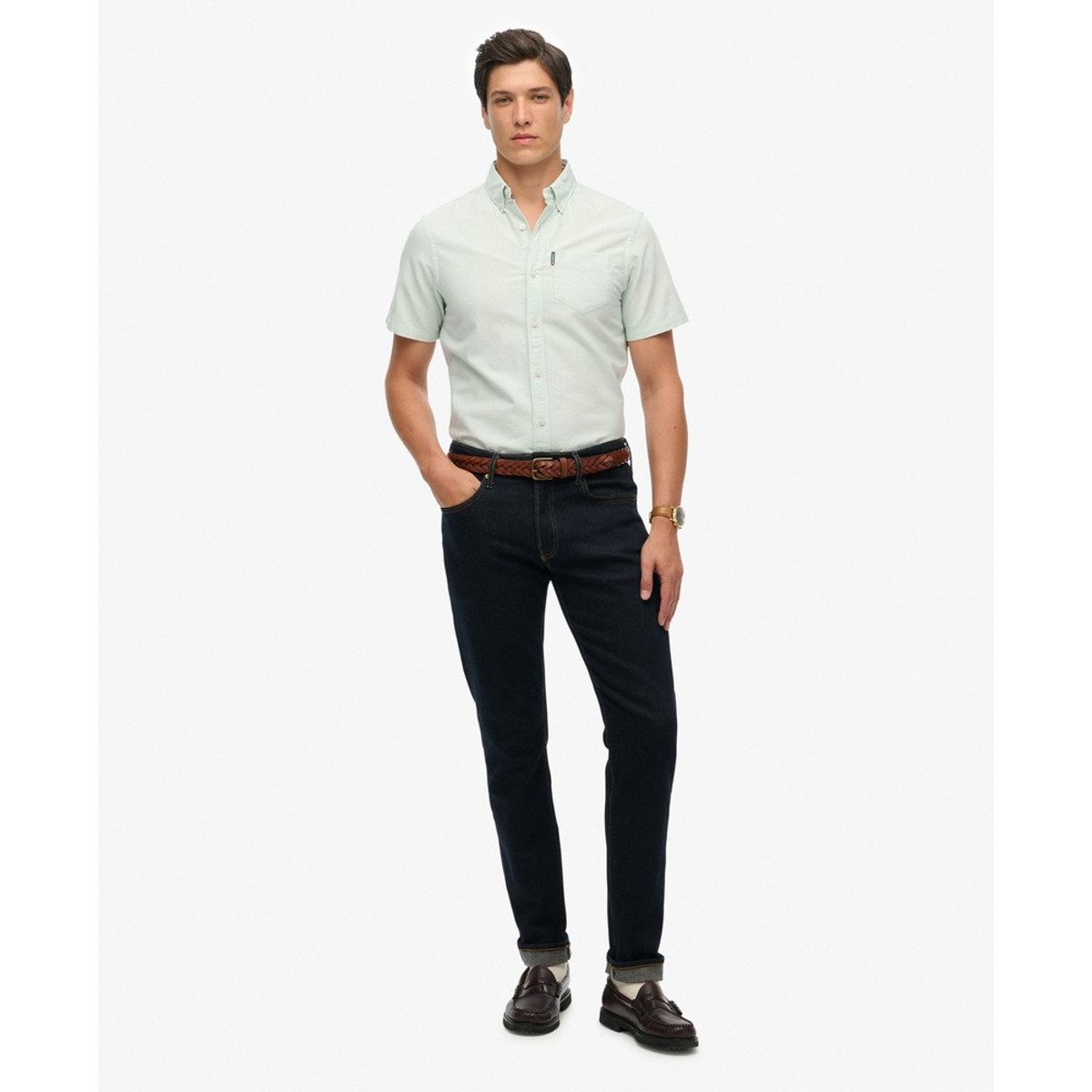 Chemise Oxford Manches Courtes Coupe Classique vert clair, SUPERDRY