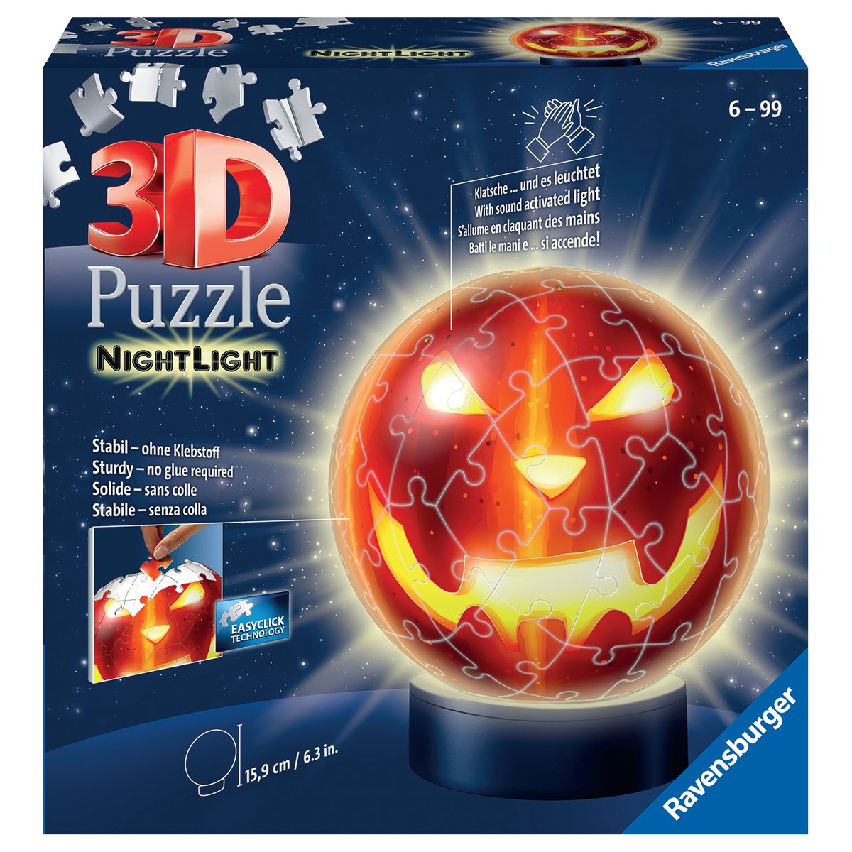 Puzzle 3D Ball 72 pièces illuminé - Citrouille d'Halloween couleur unique, RAVENSBURGER