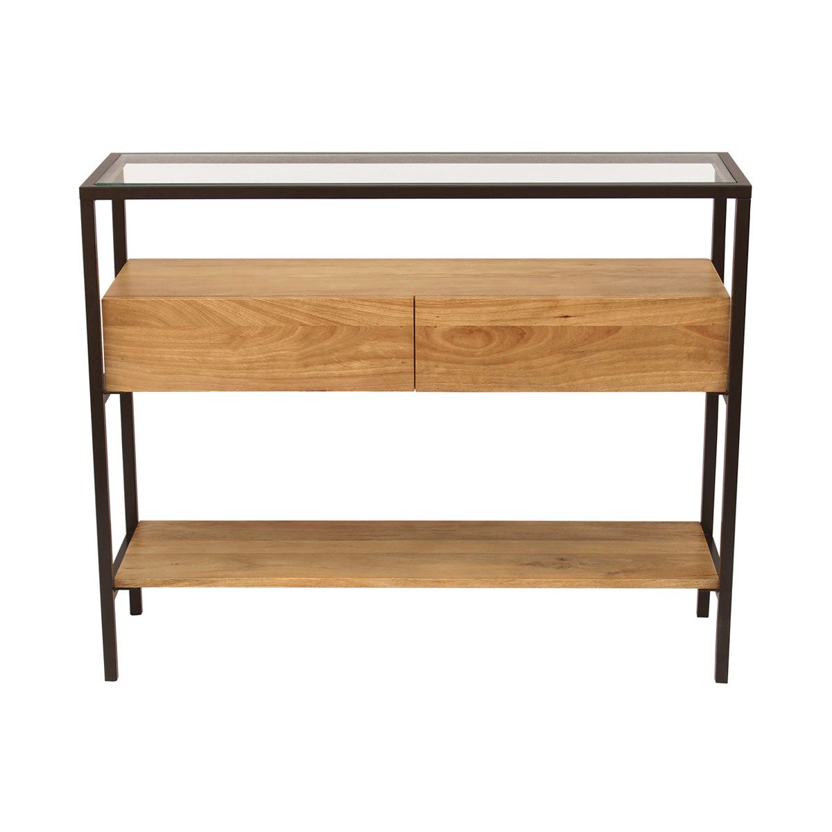 Console en bois foncé manguier massif et plateau en verre 2 tiroirs L100 cm SITA chêne clair, MILIBOO