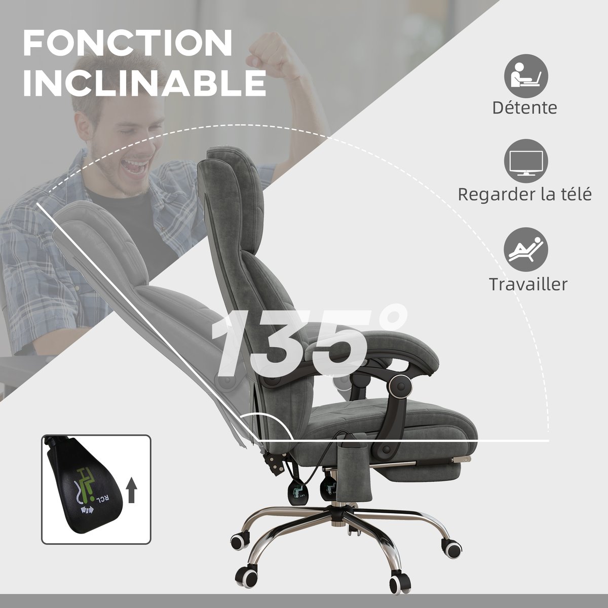 Fauteuil de bureau avec fonction massage gris, HOMCOM
