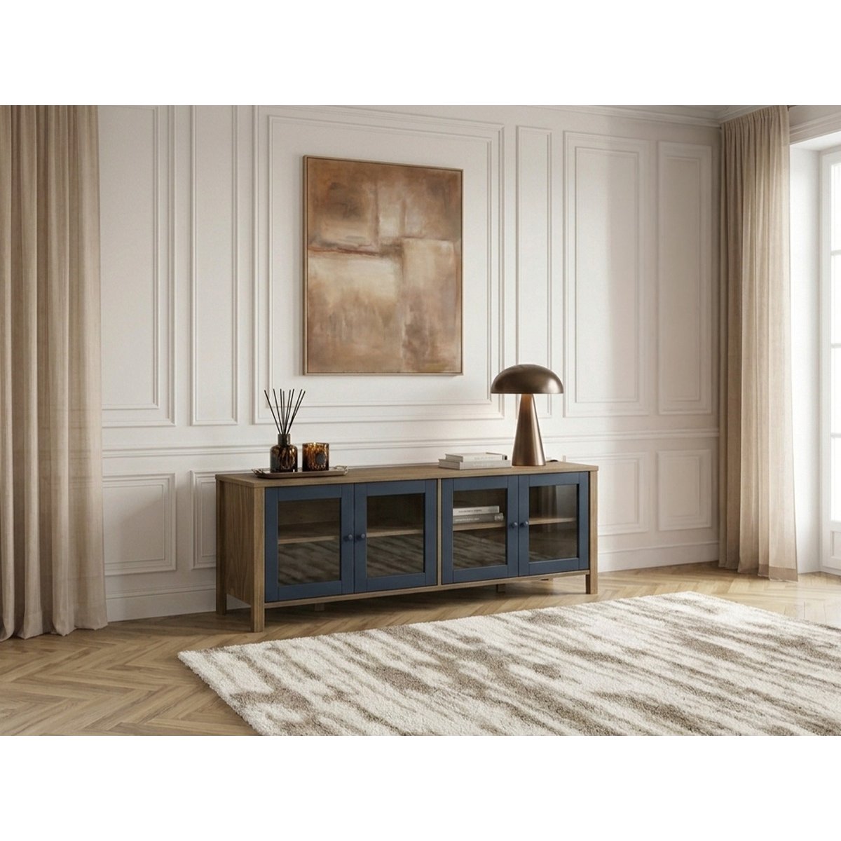 Meuble TV 150 cm panneaux de particules, LEXIE bleu, BOBOCHIC