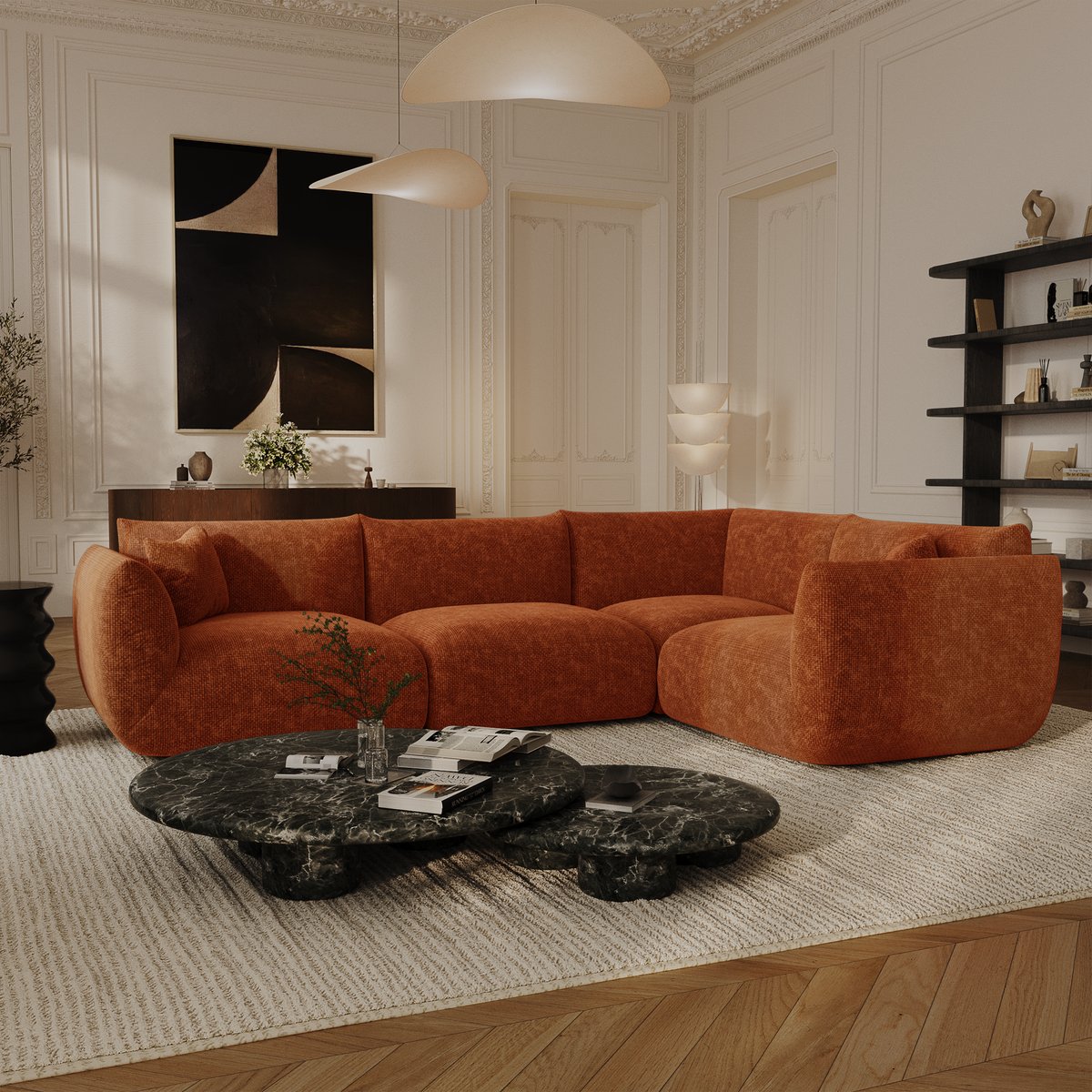 Canapé d'angle droit modulable 6 places en velours chenillé NOOMA terracotta, SIA HOME