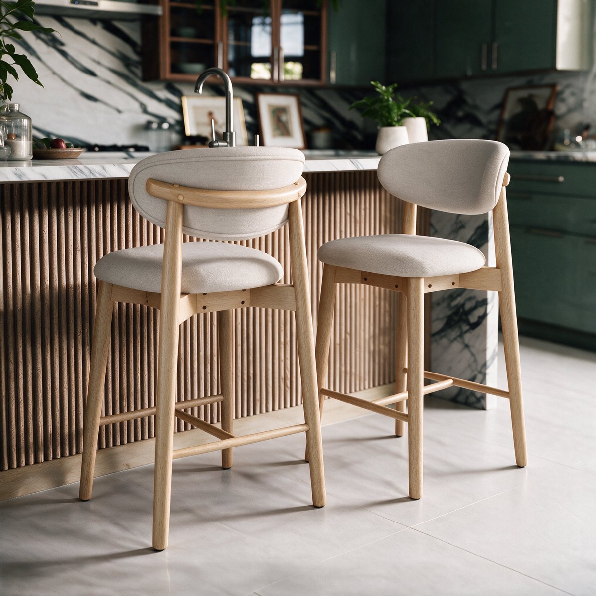 Lot de 2 chaises pour ilot central 64,5 cm en tissu et bois d'hévéa - YUNA beige, MAISON PAVANE