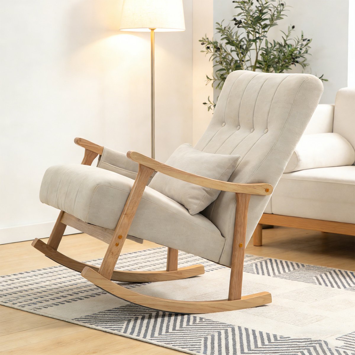 Fauteuil à bascule style scandinave tissu lin, RAMOND beige, MEUBLES COSY