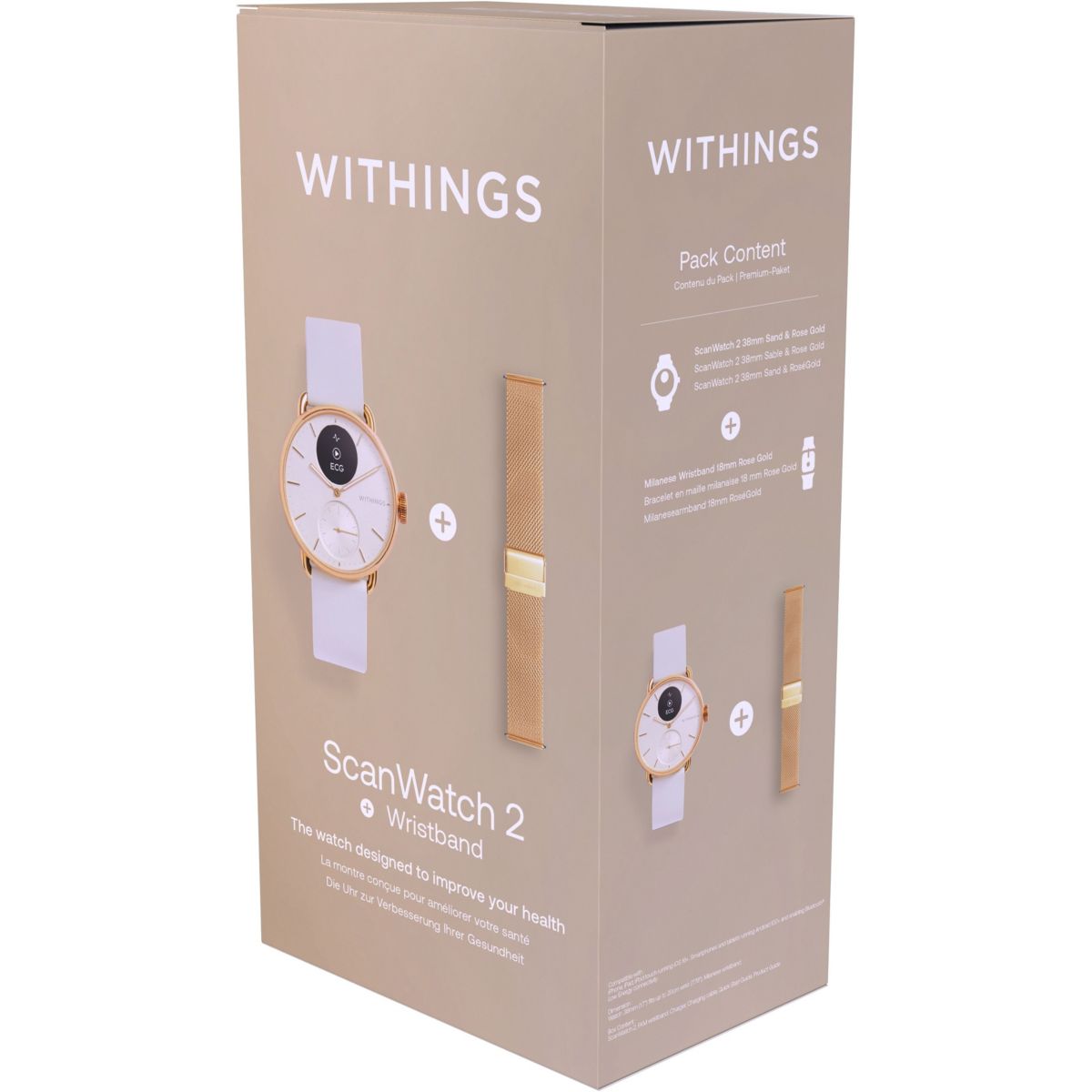 Montre santé ScanWatch 2 Rose Gold 38mm + bracelet milanese offert couleur unique, WITHINGS