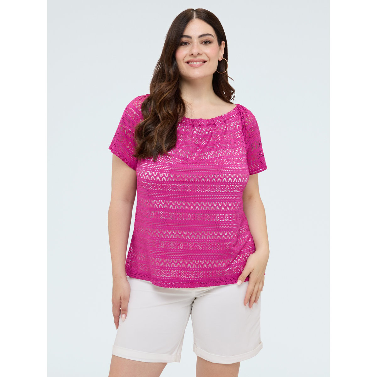 T-shirt à rayures avec encolure bateau fuchsia, FIORELLA RUBINO