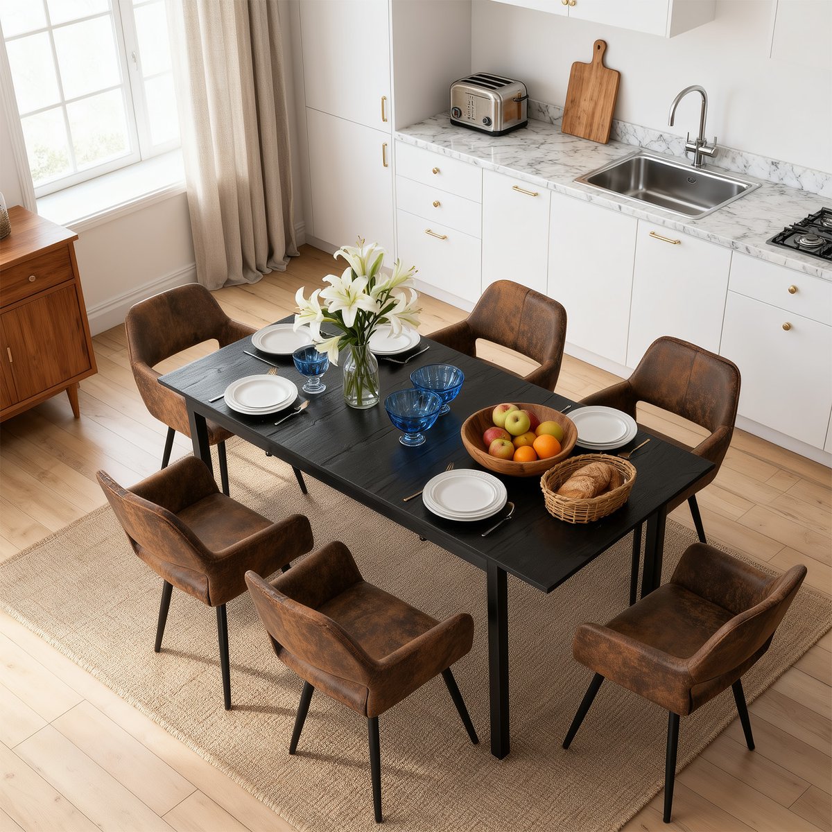 Ensemble de table à manger extensible à allonge avec 6 chaises, BARI6PCSSET marron, MEUBLES COSY
