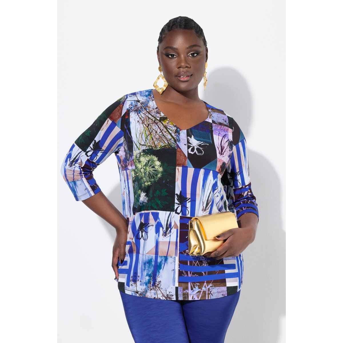 T-shirt au tombé fluide, imprimé patchwork blanc neige, ULLA POPKEN