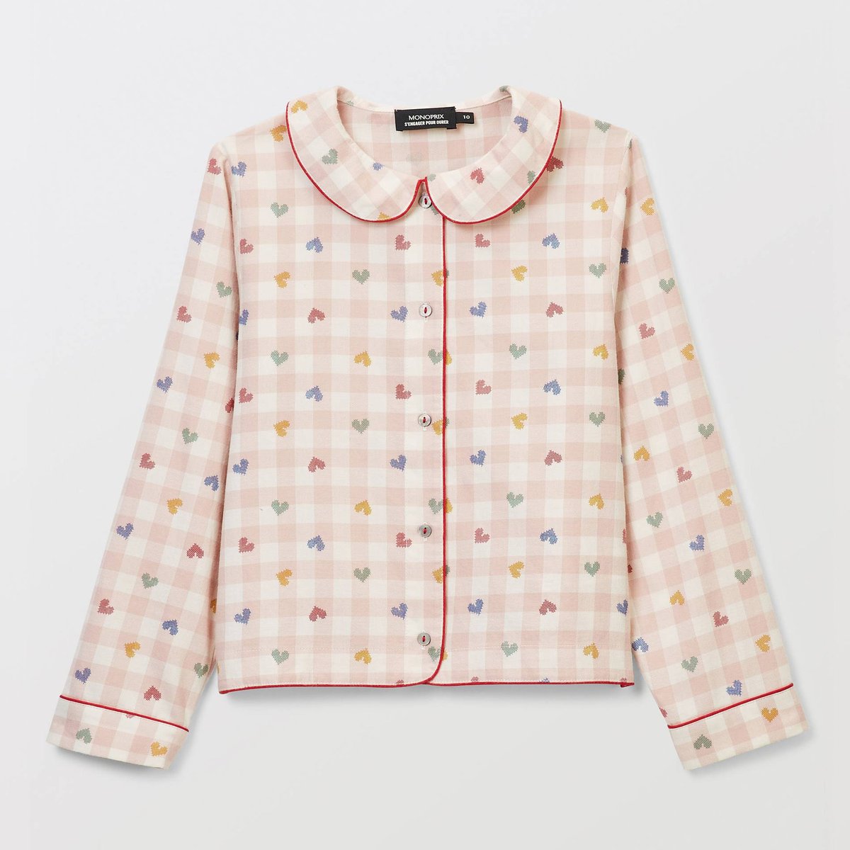 PYJAMA EN COTON IMPRIME VICHY COEUR dragee, MONOPRIX