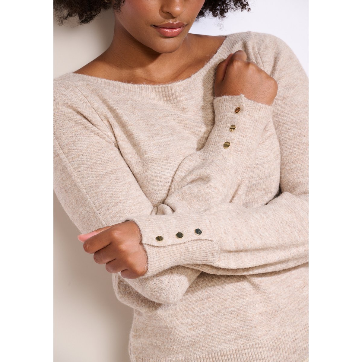 Pull manches détail boutons beige chine, LOLALIZA