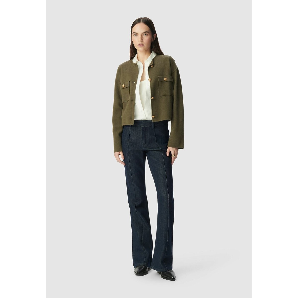 Crew Neck Cardigan with Pockets dark khaki, IKKS