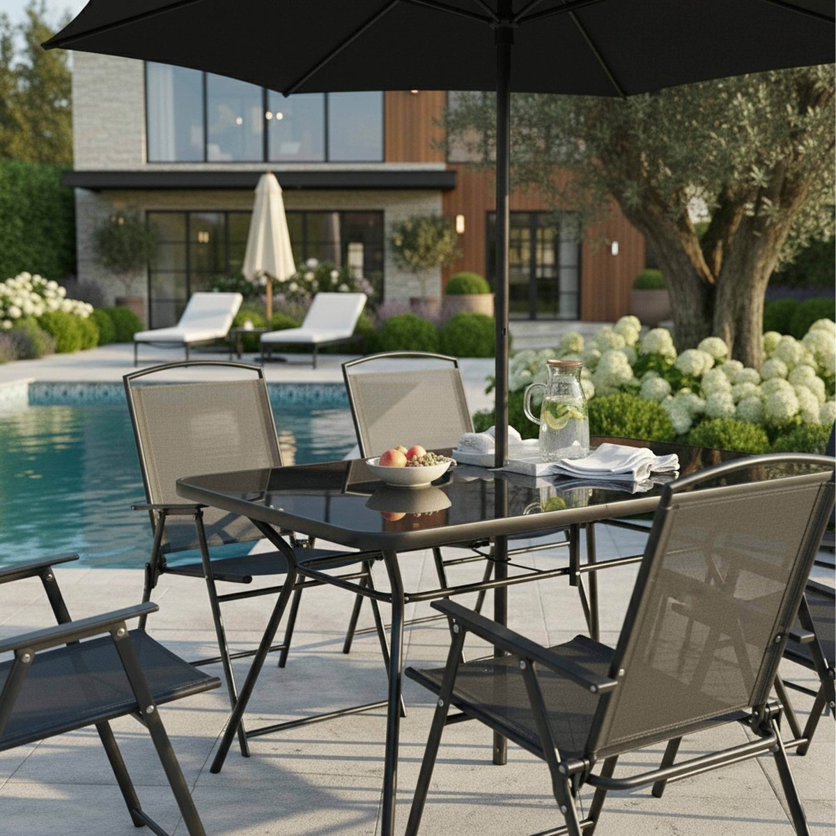 Salon de jardin table et 6 chaises avec parasol, BORMES gris anthracite, OVIALA
