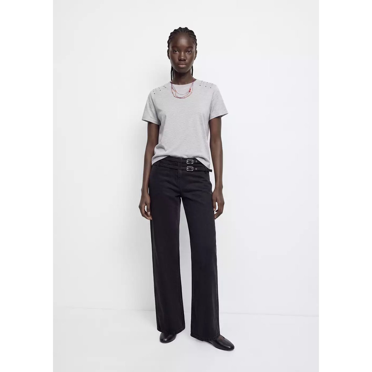 T-shirt en coton à plis et applications métalliques gris chiné clair, MANGO TEEN