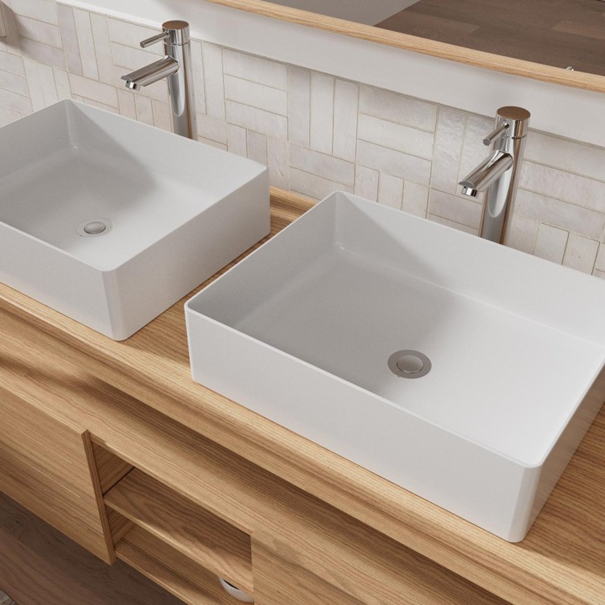 Ensemble meuble double vasque 140 cm + Vasques + Robinets + Miroir ATOLL chêne, MOB IN