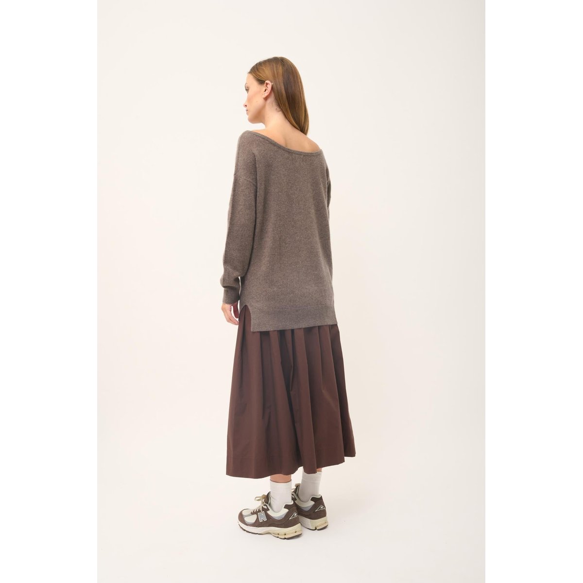 Pull Col Rond Taupe Chiné Karen marron, JUST CASHMERE