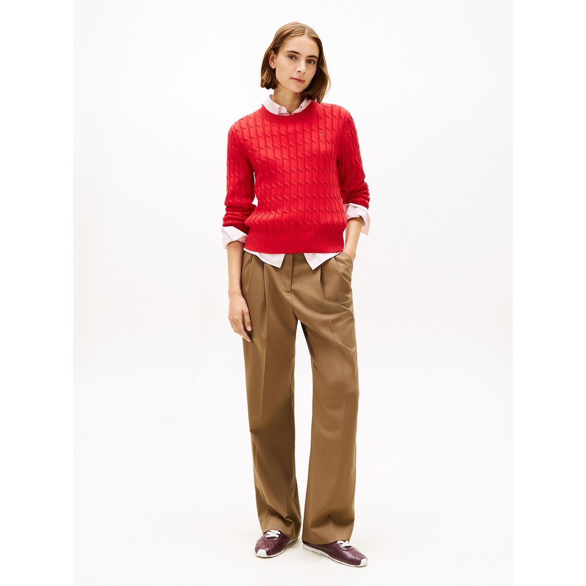 Cable Knit Long Sleeve Crew Neck Jumper red, TOMMY HILFIGER