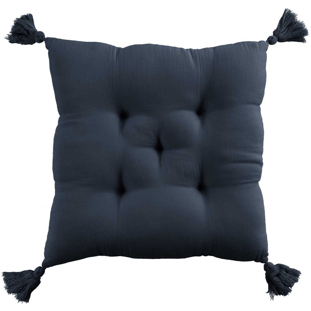 Coussin de chaise 40x40 cm Gaze de coton avec pompons Minuit bleu foncé, EDEN