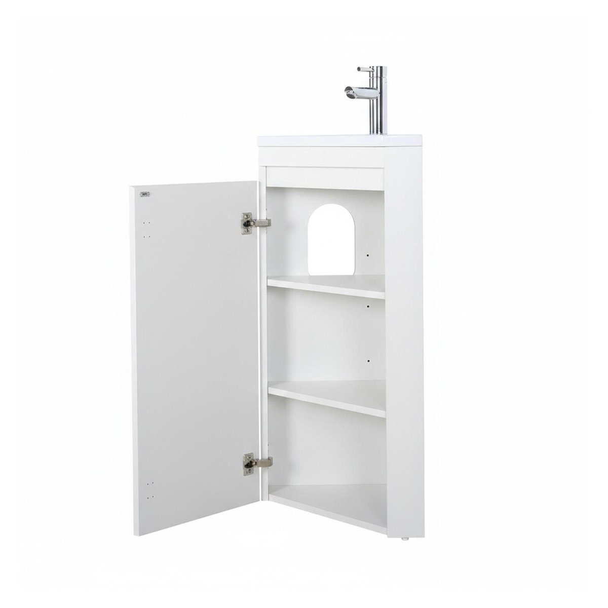 Ensemble lave-mains d'angle sur pieds avec robinet et armoire SORRENTO blanc satiné, MOB IN