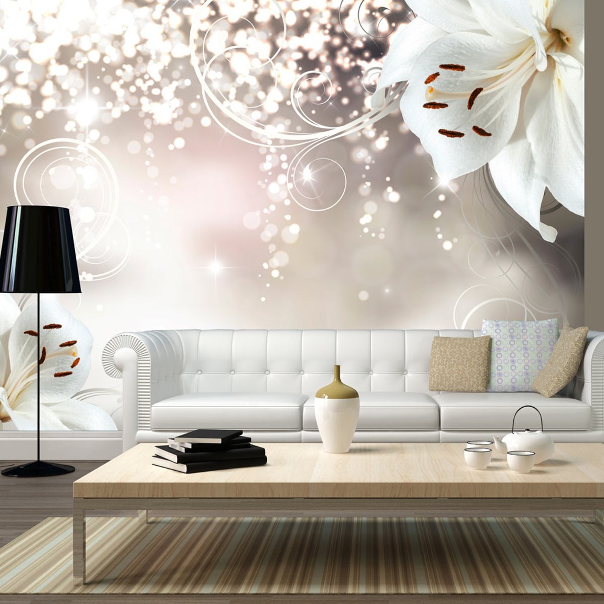 Papier peint intissé panoramique Fleurs Magic composition beige, EDEN