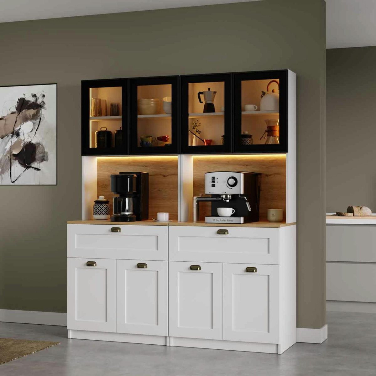 Vaisselier de cuisine à LED 8 portes décor blanc et noir AURA blanc, PIER IMPORT