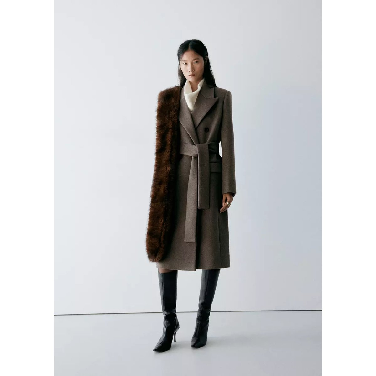 Manteau laine ceinture marron moyen, MANGO