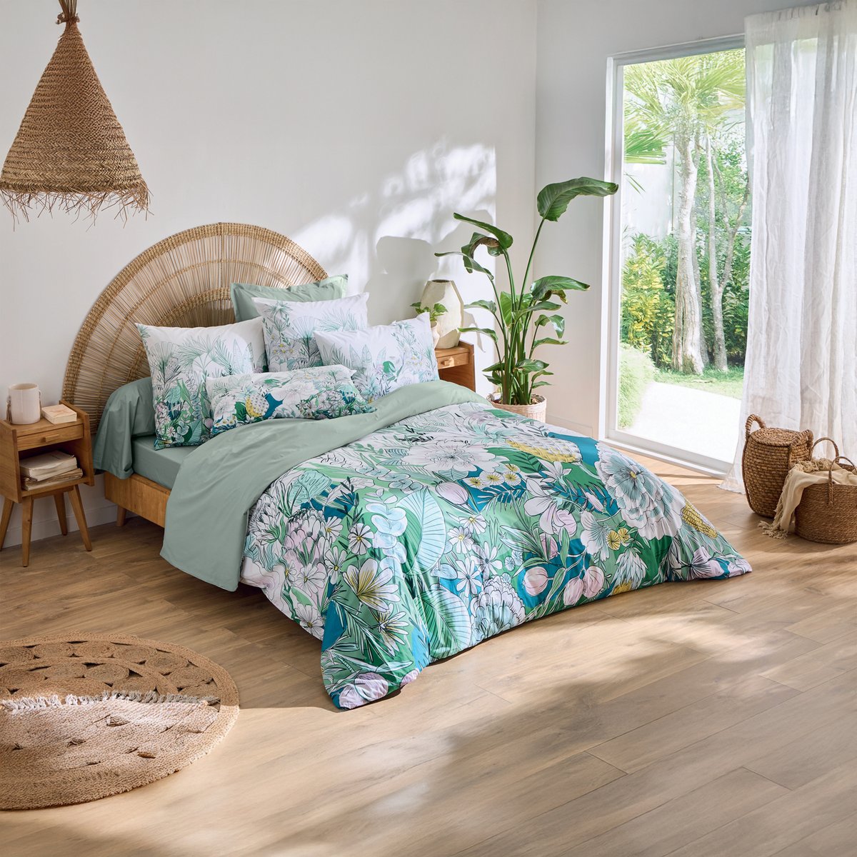Taie d’oreiller percale de coton feuillage exotique vert, TRADILINGE