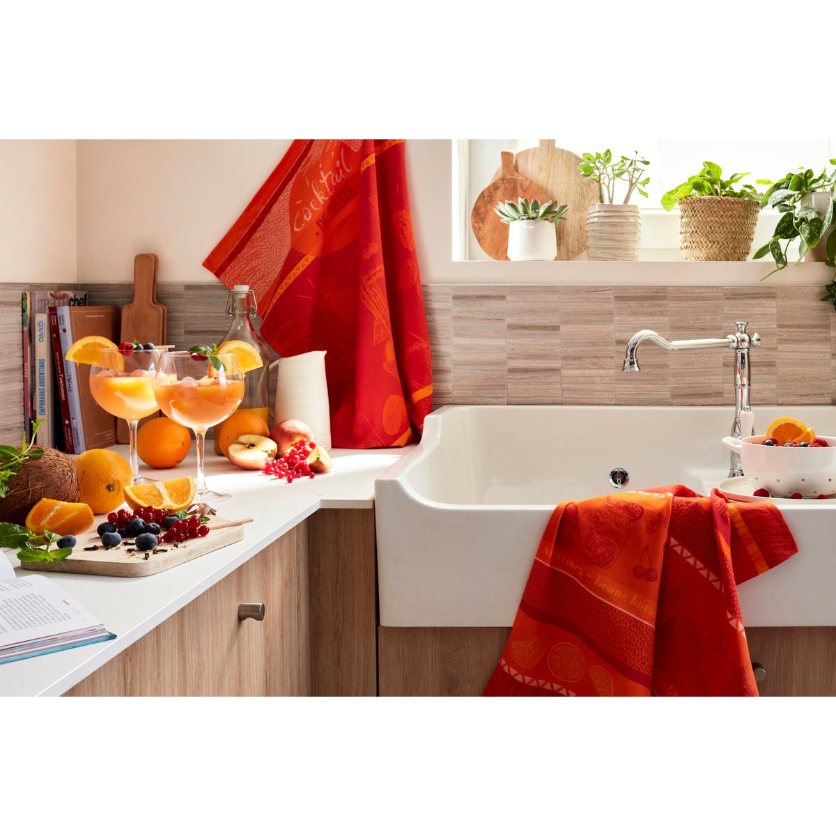 Torchon jacquard en coton COCKTAIL DE FRUITS orange, COUCKE